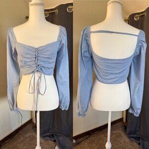 Ava Giselle Collection Blue Ruched Front Long Sleeve Crop Top Womens Large
